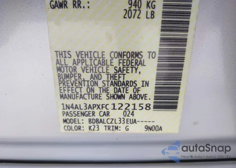 2015 Nissan Altima 2.5/2.5 S/2.5 Sl/2.5 Sv z USA, uszkodzony, nr VIN 1N4AL3APXFC122158